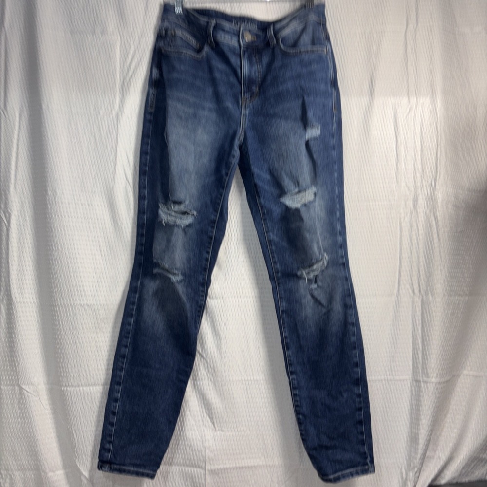 Maurices Everflex High Rise Distressed Skinny Jeans Blue 12 Short Button Fly